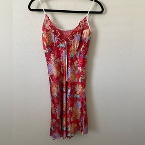 Vintage 90s Silk Bias Slip Dress Elegant Floral Pattern Lace Front Detail